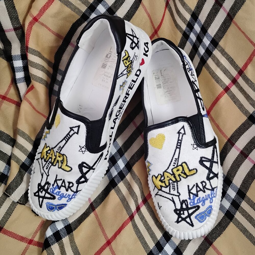 ❤️Amazing! KARL LAGERFELD PARIS Joella Embroidered Logo Boat Tennis Shoes 6 M